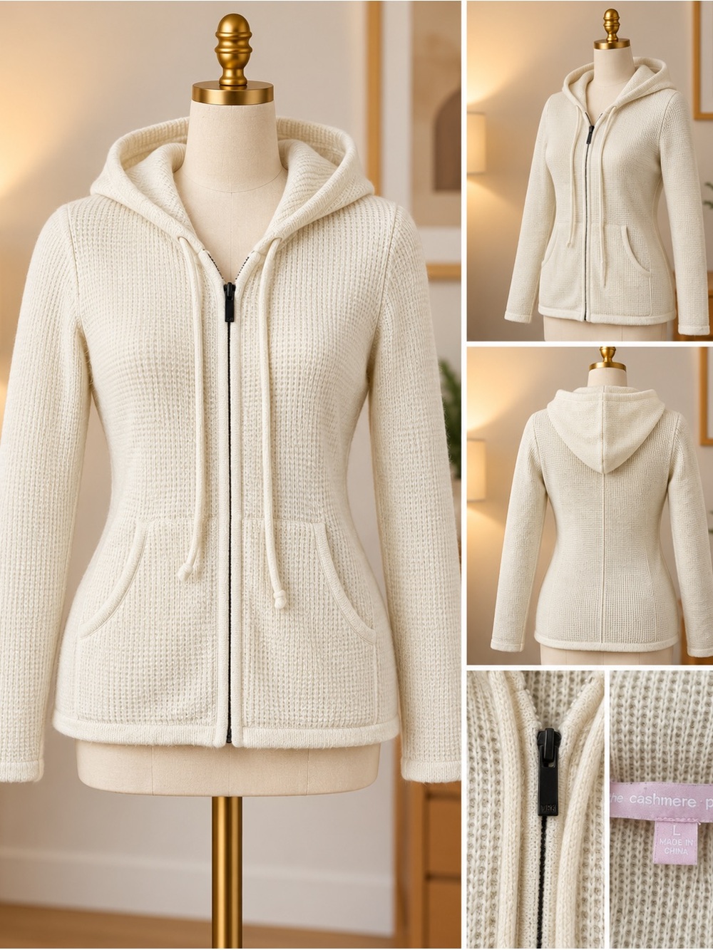 the cashmere project 100% cashmere waffle knit zip hoodie ivory size L